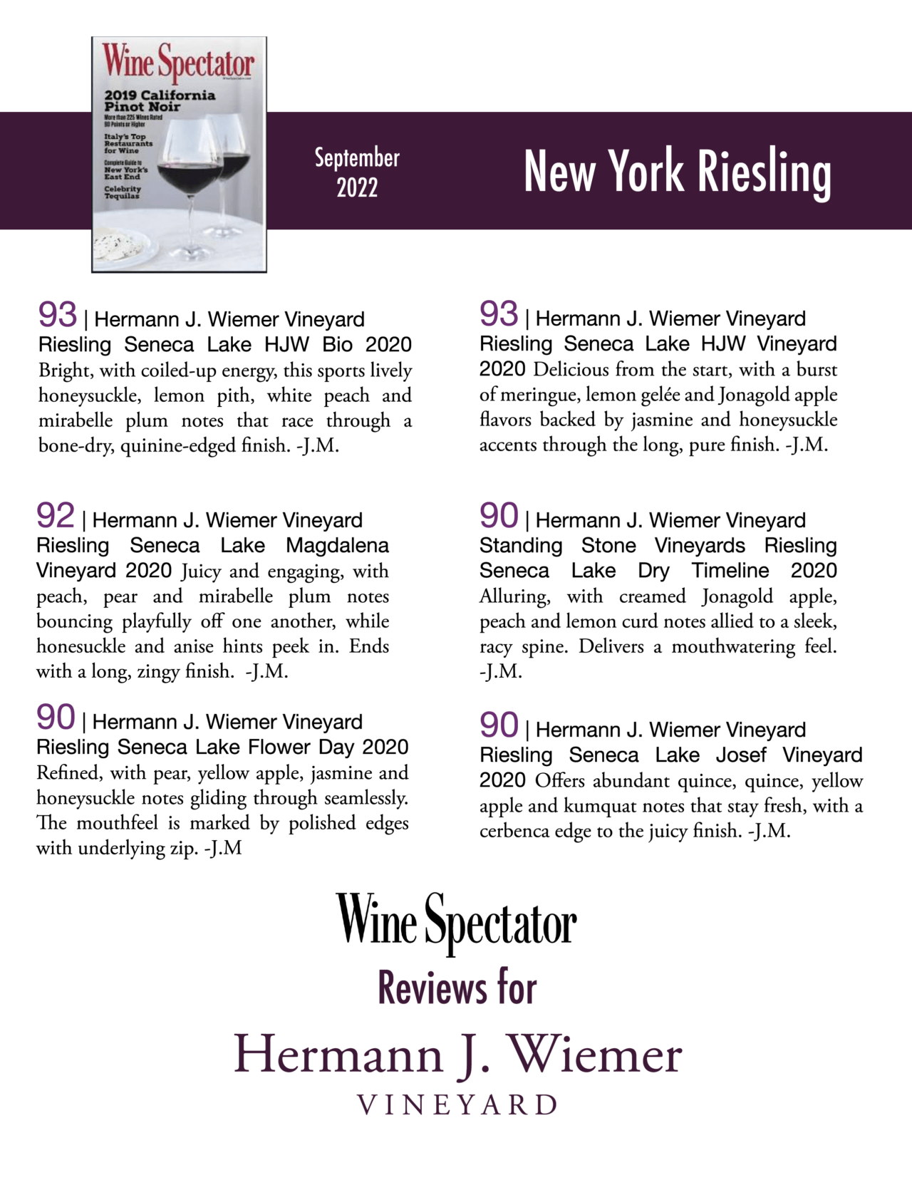 Wine Spectator Magazine Reviews our 2020 Rieslings Hermann J. Wiemer